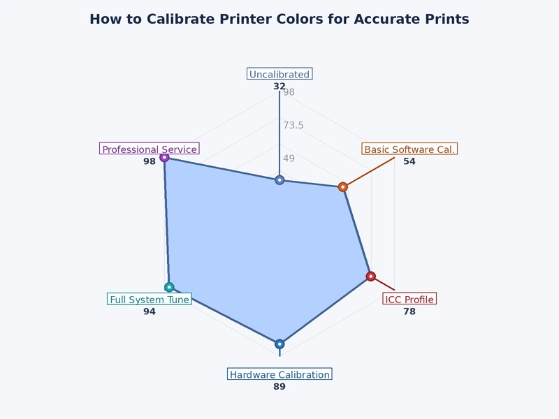 Chart comparing printer color calibration methods by cost and accuracy level for home and professional users