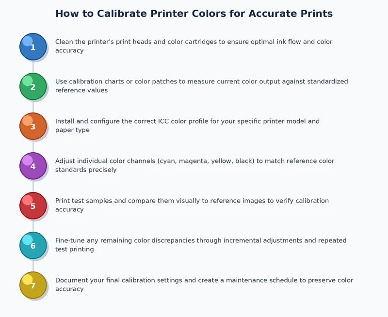 Step-by-step printer color calibration process diagram showing nozzle check, head alignment, ICC profile setup, and soft proofing