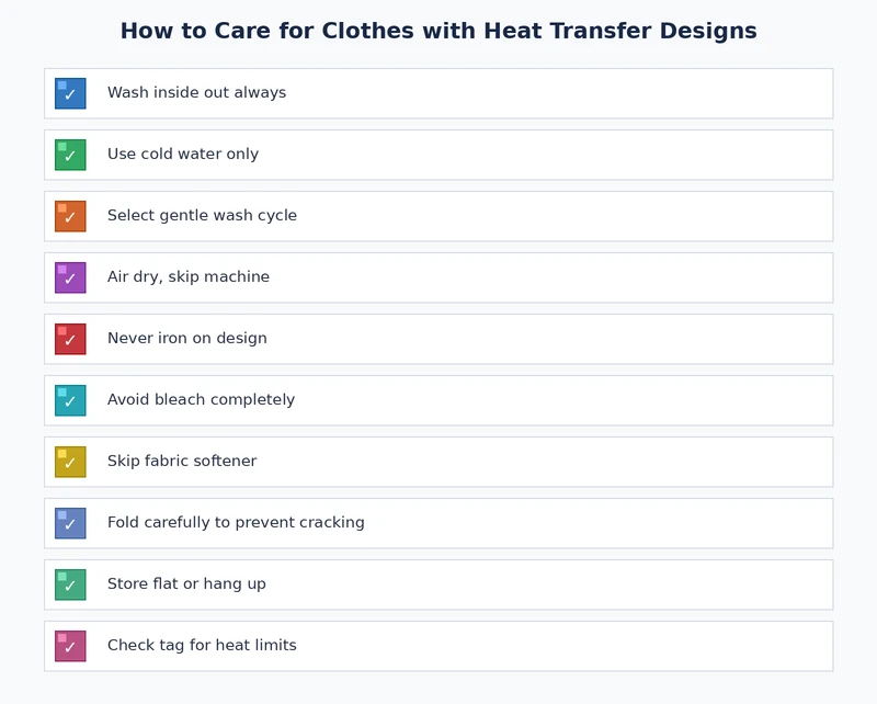 HTV garment care checklist covering washing, drying, and storage best practices for heat transfer vinyl shirts