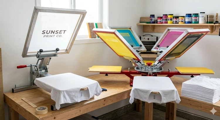 manual screen printing press buying guide — four-station manual press set up in a small print shop