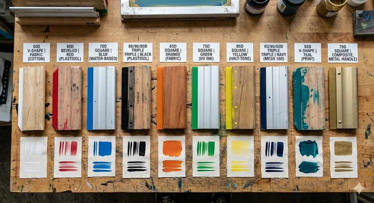 best squeegee for screen printing showing blade profiles and durometer options laid out for comparison