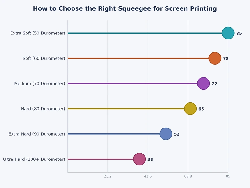 chart showing squeegee durometer ratings mapped to screen printing applications by ink type and mesh count