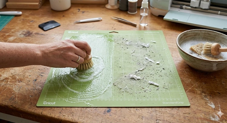 how to clean cricut cutting mat using a soft-bristle brush and warm soapy water