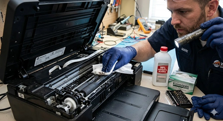 Cleaning printer rollers with isopropyl alcohol and a lint-free cloth