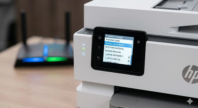 HP printer control panel showing wireless setup wizard to connect to WiFi without a computer