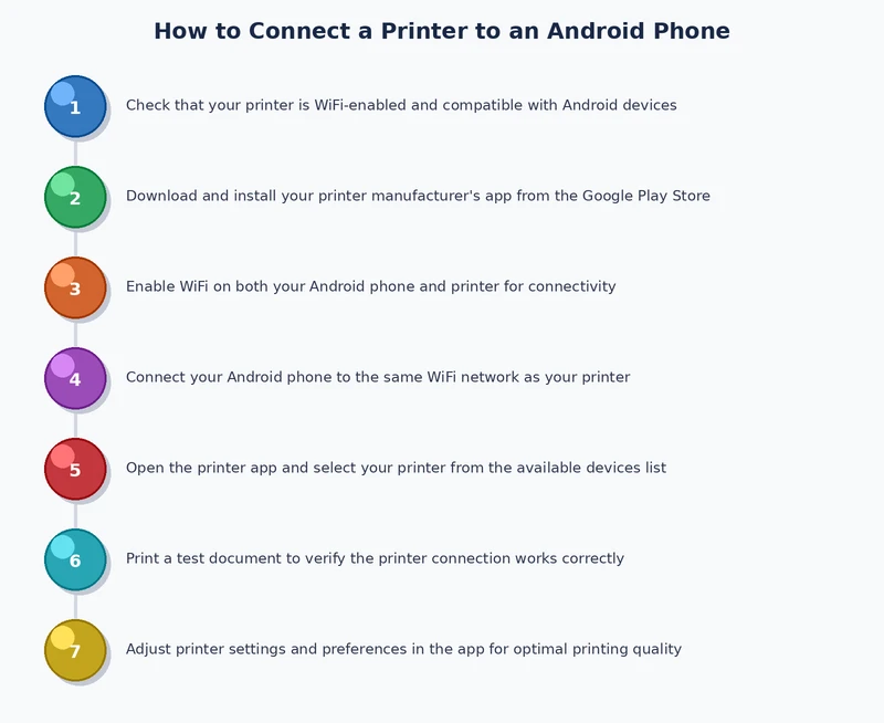 Step-by-step process diagram showing how to connect a printer to an Android phone via Mopria Wi-Fi
