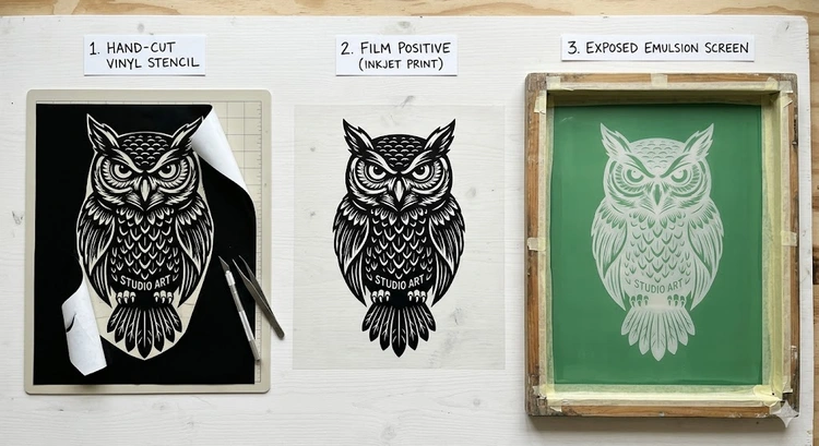 How to create a screen printing stencil using photo emulsion, film positive, and hand-cut film methods