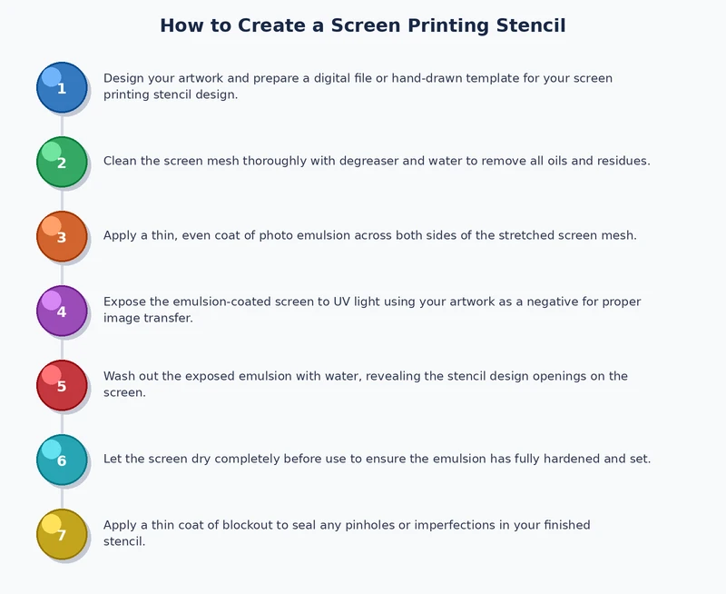 Step-by-step process diagram showing how to make a screen printing stencil with photo emulsion and film positive