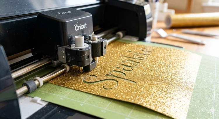 glitter htv cricut settings setup with vinyl sheets and cutting mat
