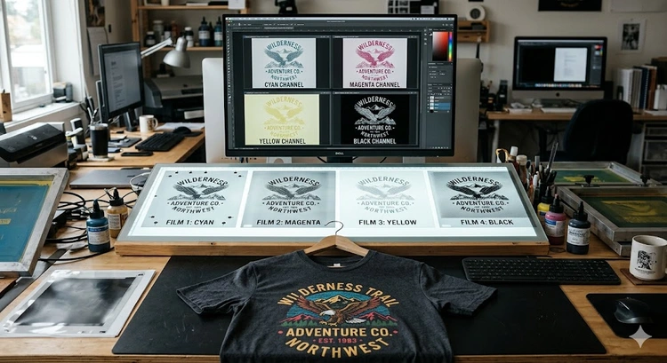 Color separation for screen printing showing individual ink layers on separate film positives