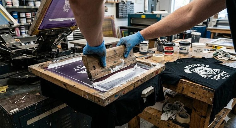 screen printing at home setup with squeegee, mesh screen, and plastisol ink on a wooden table