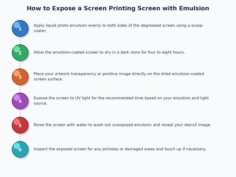 screen printing emulsion exposure process diagram showing UV light source, film positive, and mesh layers