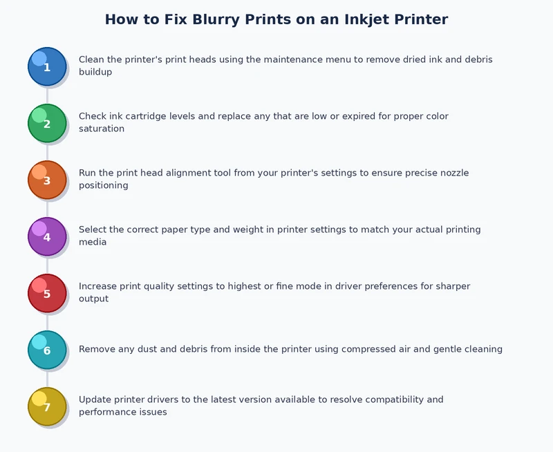 step-by-step process diagram for how to fix blurry prints on inkjet printer from nozzle check to driver settings