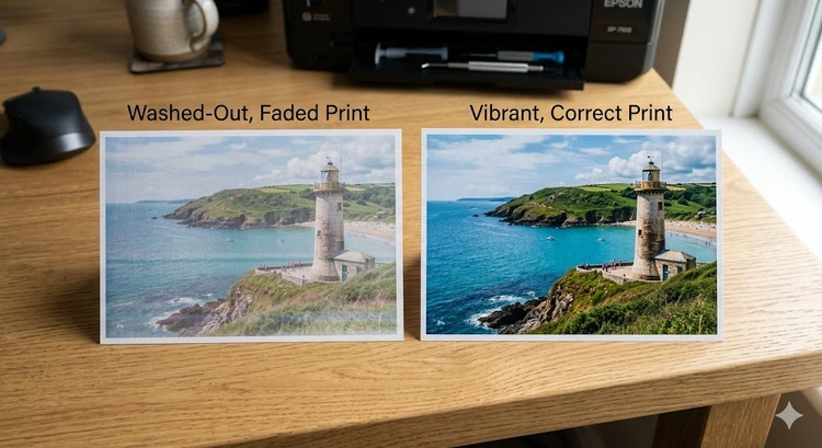 how to fix faded prints inkjet printer — side by side comparison of faded and correctly calibrated inkjet output
