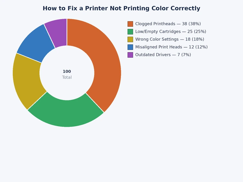 Bar chart showing the most common causes of printer not printing color correctly, ranked by frequency