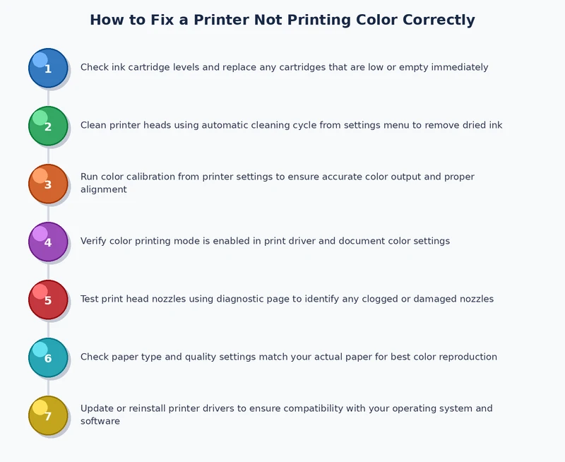 Step-by-step process diagram for diagnosing a printer not printing color correctly