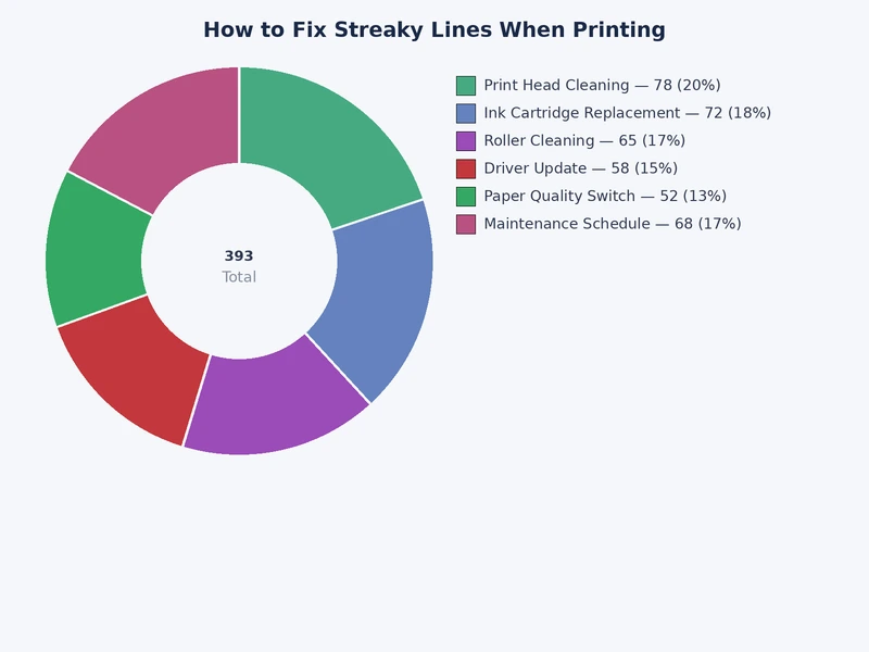bar chart comparing streaky printer line fix success rates — cleaning cycle 68%, cartridge replacement 19%, mechanical service 13%