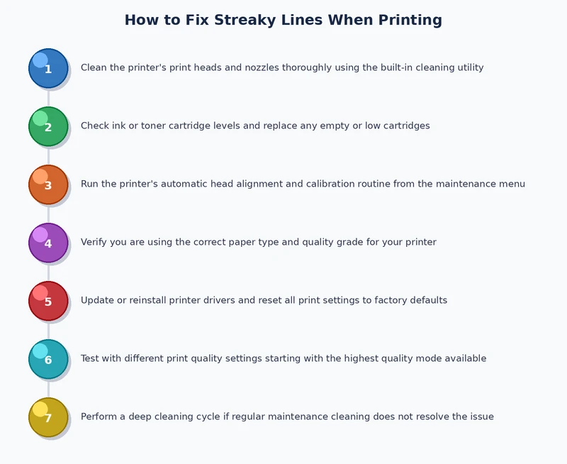 decision tree process diagram for diagnosing and fixing streaky printer lines across inkjet and laser printer hardware
