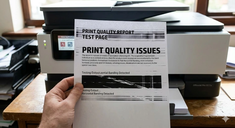 close-up of streaky HP printer output showing horizontal banding and how to fix streaky prints on HP printer