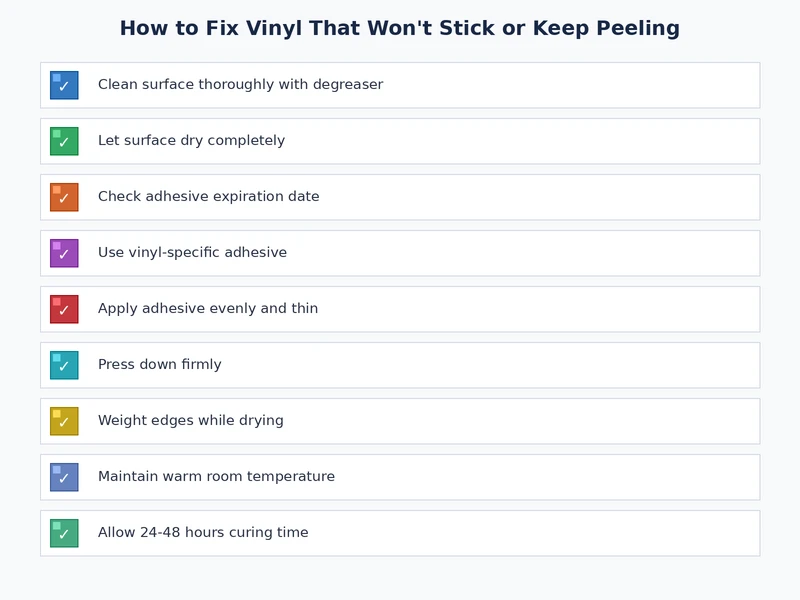 vinyl won't stick troubleshooting checklist covering surface prep, temperature, vinyl type, and application technique