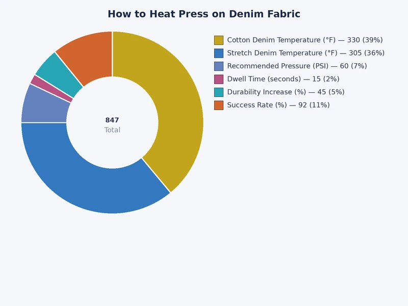 chart comparing heat press settings for DTF HTV plastisol and screen print transfers on denim fabric