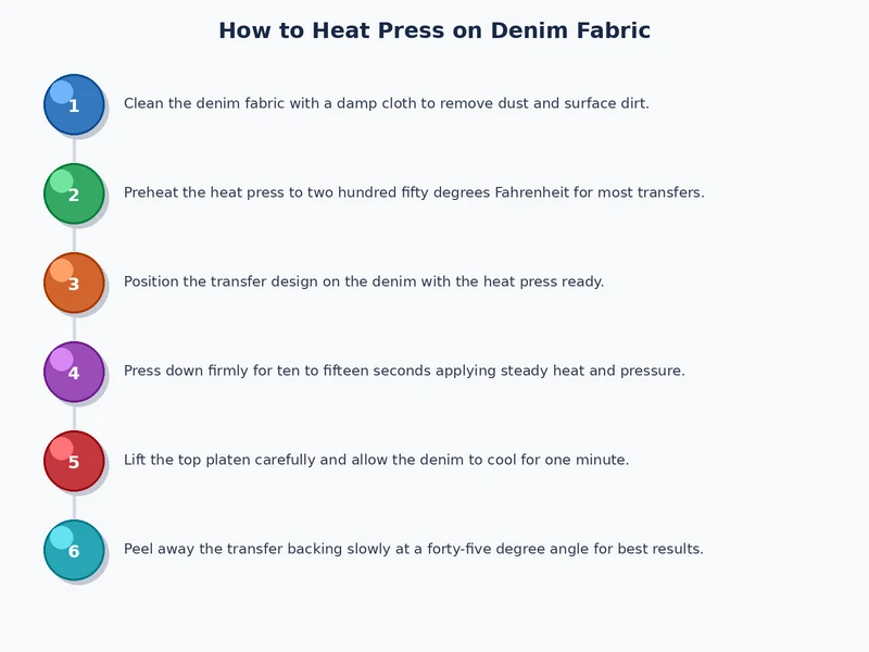 step by step process diagram for heat pressing transfers onto denim fabric