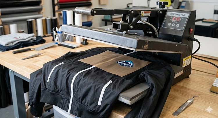 Heat pressing low-temp HTV vinyl onto nylon athletic fabric using a clamshell heat press with Teflon cover sheet