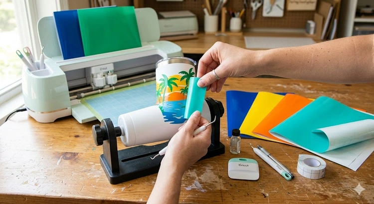 Layered vinyl design cut with a Cricut machine showing multiple color layers precisely aligned on a surface