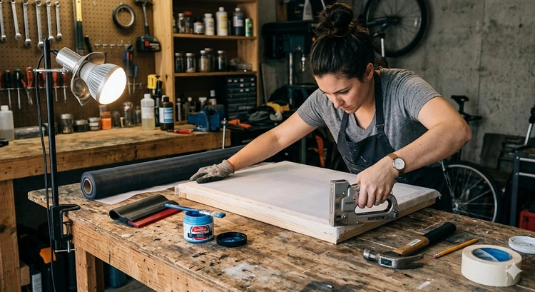 how to make a screen printing screen at home — wooden frame with polyester mesh stretched taut and ready for emulsion