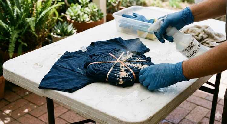 bleach tie dye shirt with spiral discharge pattern on dark cotton fabric