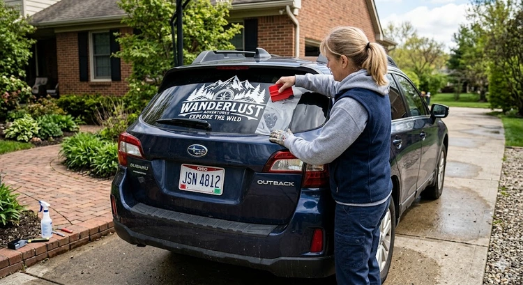 how to make car decals with vinyl cutter — finished decal being applied to a vehicle door panel