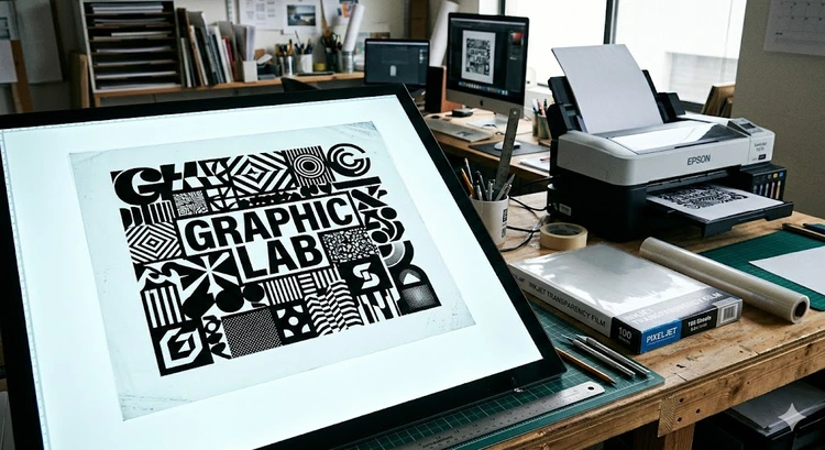 Inkjet film positive for screen printing showing dense black artwork on transparency film