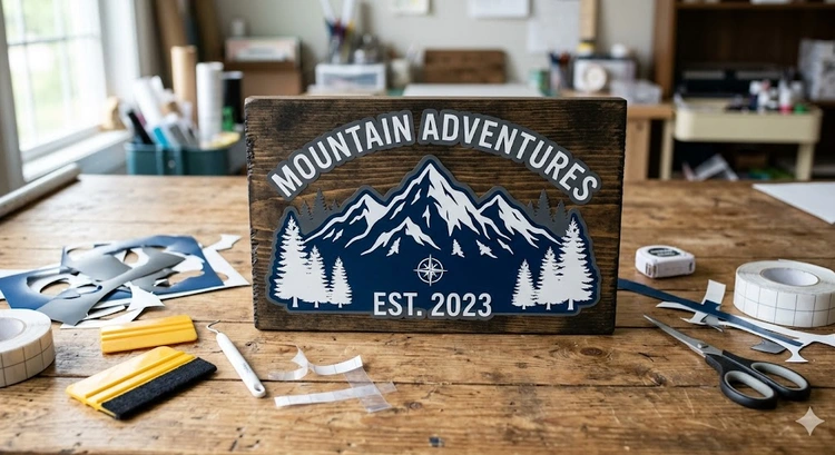 Finished layered vinyl signs with multiple stacked vinyl colors on stained wood