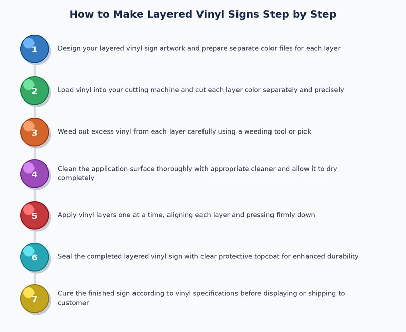 Step-by-step process diagram showing the hinge method for applying layered vinyl signs