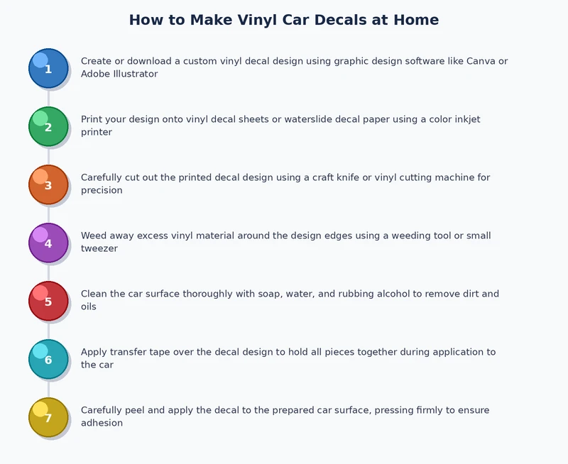 vinyl car decal process diagram showing design, cut, weed, transfer tape, and apply steps