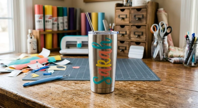 vinyl decals for tumblers applied to stainless steel skinny tumblers in multiple colors