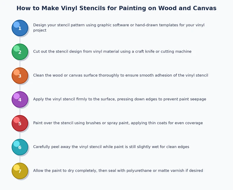 step-by-step process diagram for applying vinyl stencils for painting on wood