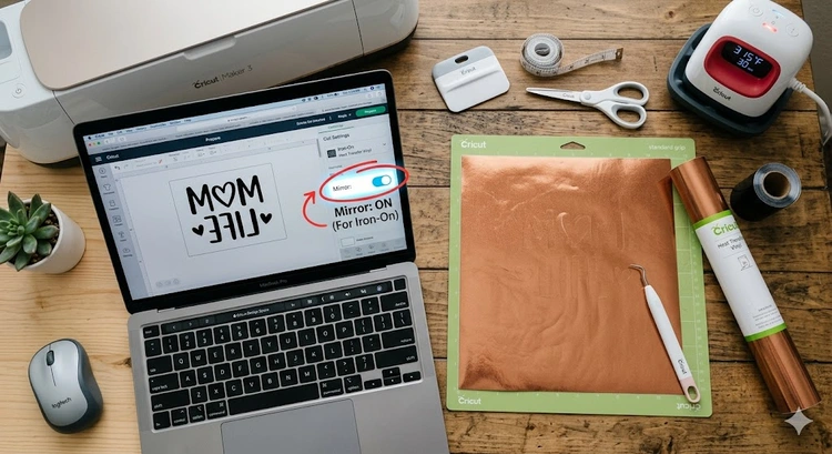 Mirroring a heat transfer vinyl design in Cricut Design Space on a laptop screen before cutting