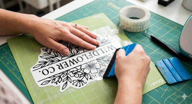 How to mirror image for heat transfer vinyl — mirrored design on cutting mat ready for pressing onto shirt