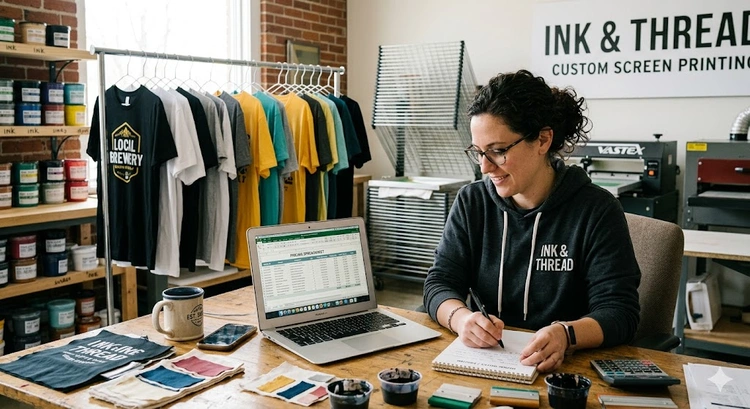 How to price screen printing jobs — pricing worksheet beside garment samples and ink jars on a production table