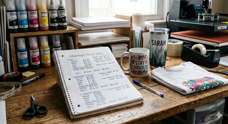 how to price sublimation products — cost breakdown worksheet beside sublimation blanks and heat press equipment