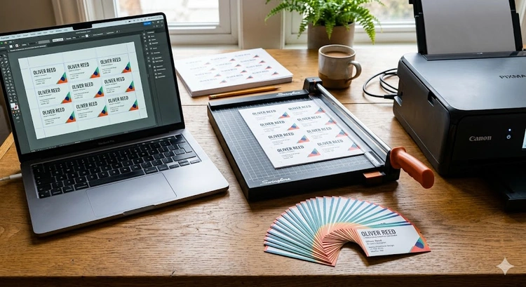 Desktop inkjet printer loaded with card stock for printing business cards at home