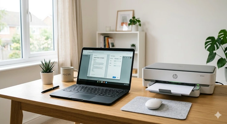 How to print from a Chromebook — Chromebook connected to a wireless inkjet printer on a home desk