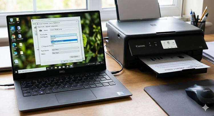 Printer settings menu open showing draft mode quality option to save ink