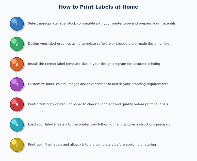 step-by-step process diagram for how to print labels at home from design to final output