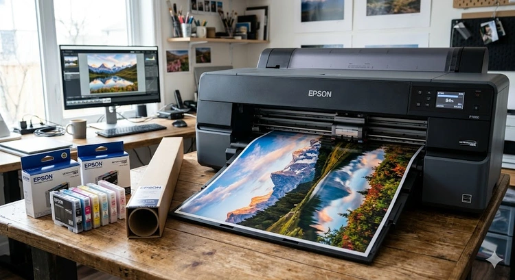 how to print large photos at home showing inkjet printer outputting a large photo print