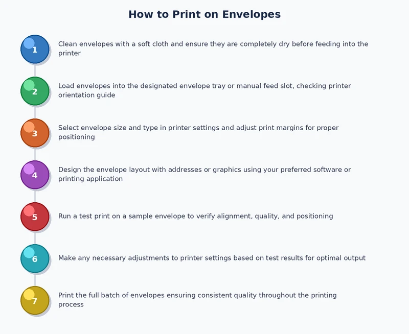 step-by-step process diagram showing how to print on envelopes including load orientation, driver settings, and test print steps