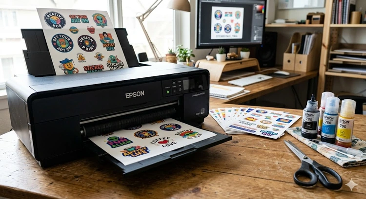 how to print on sticker paper — matte and glossy sticker sheets next to a home inkjet printer