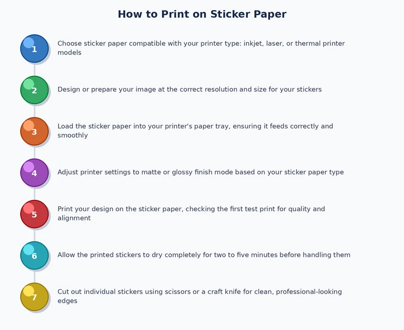 step-by-step process diagram showing how to print on sticker paper — design setup, printer settings, printing, drying, and cutting
