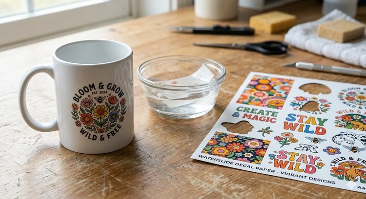 how to print on waterslide decal paper — printed decal sheet with sealant spray and water dish on craft table